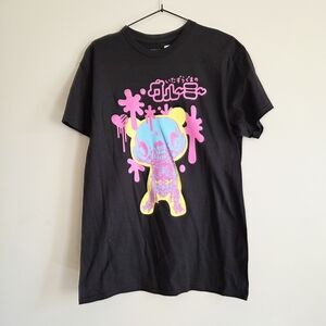 Hot Topic Black Tee with Pink, Blue & Yellow Graphic